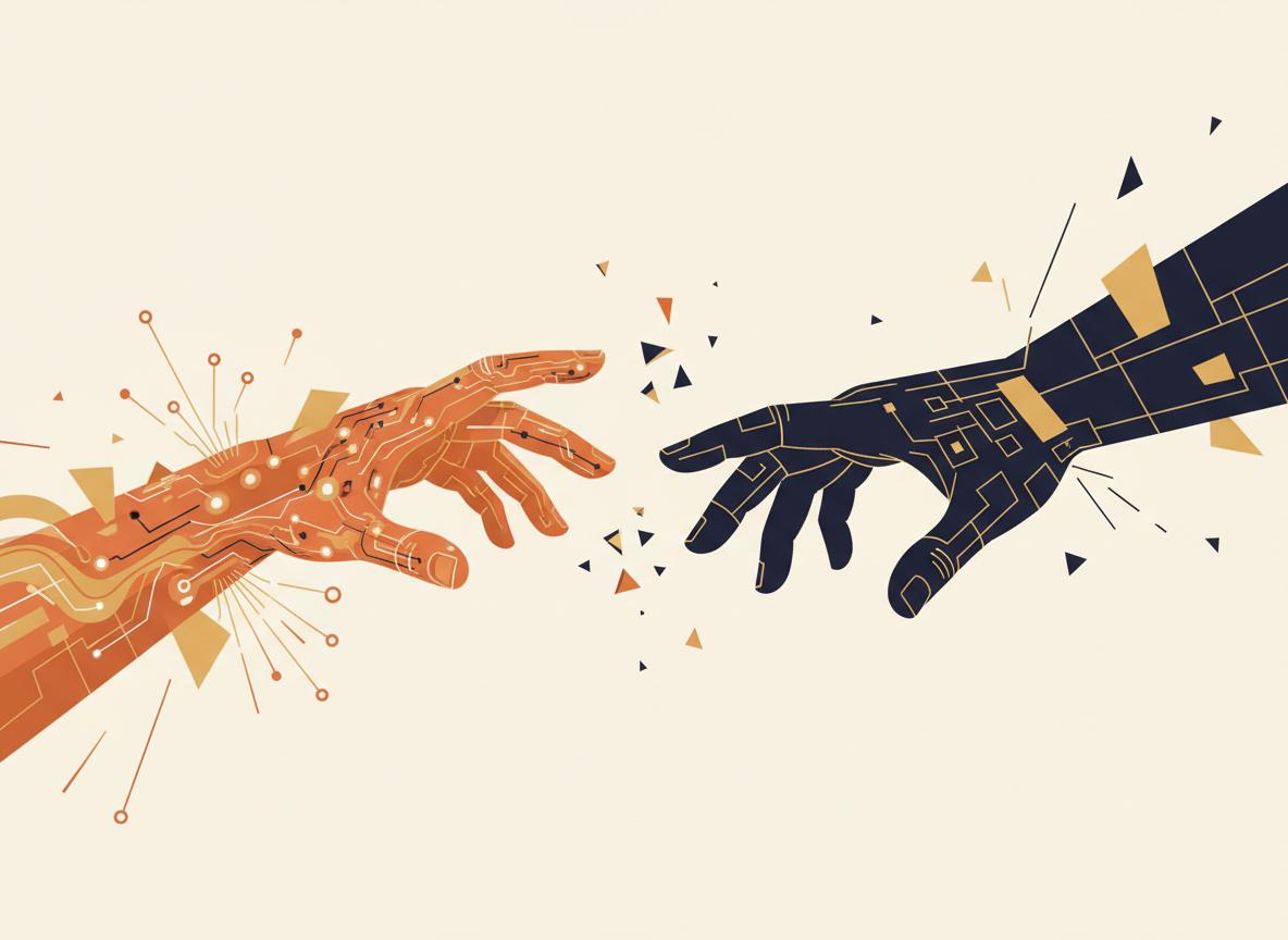 Two hands reaching - digital and geometric